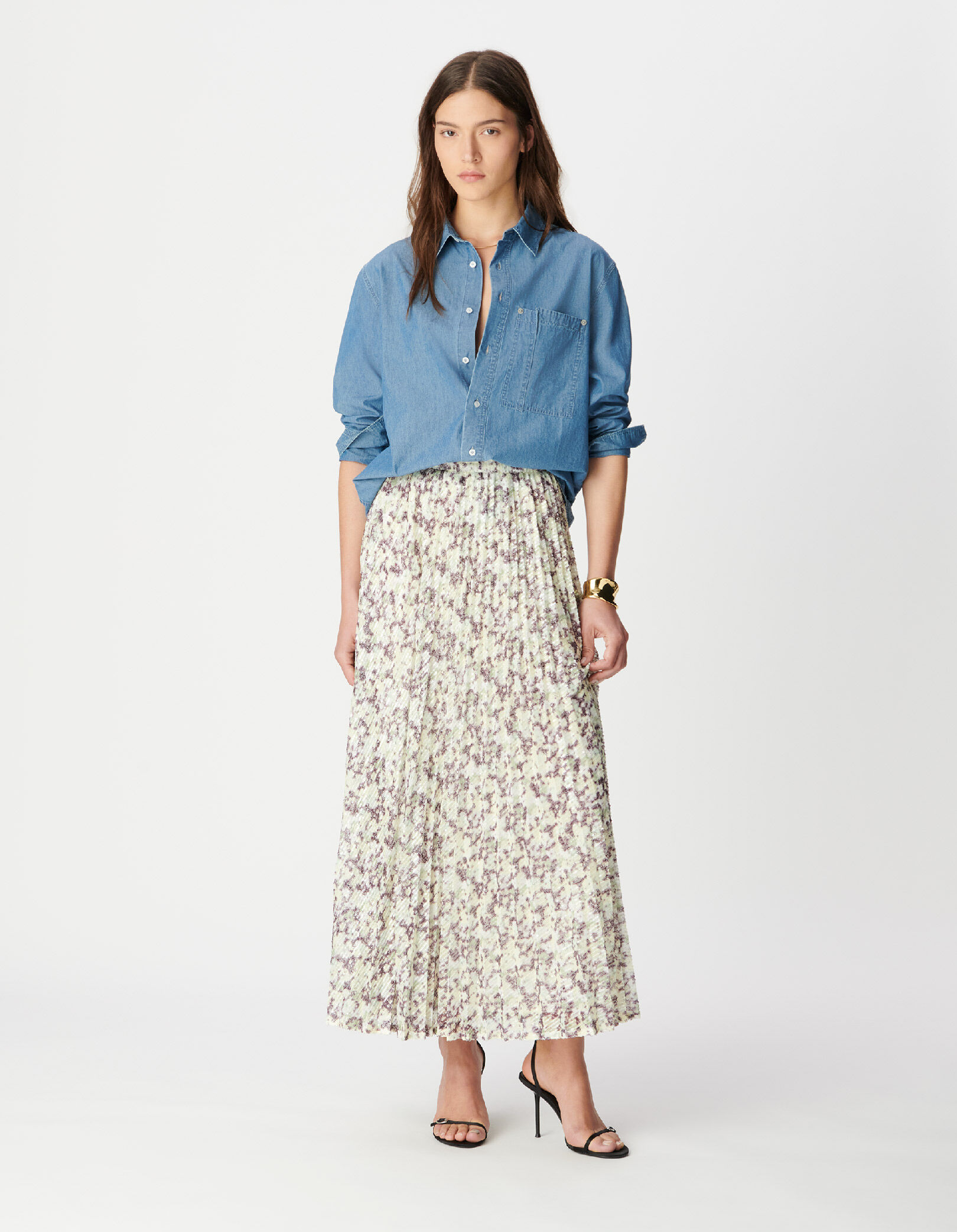 Jupe plissée verte camouflage broderies sequins Femme