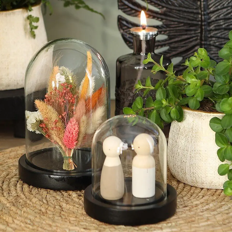 Ideas 4 Seasons Decoratie stolp - glas - houten plateau - D12 x H16 cm