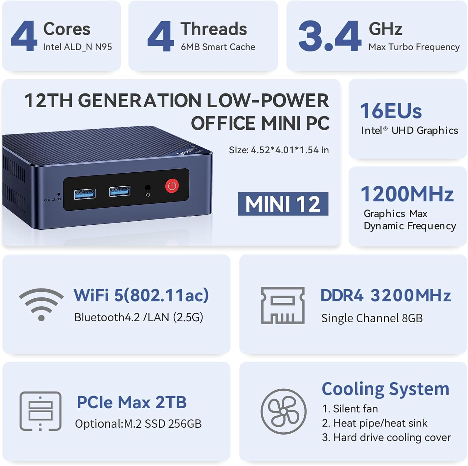 Beelink EQ Mini PC Mini S12 N95 Intel Alder Lake-N95 (up to 3.4GHz) 16GB DDR4 500GB M.2 SSD Mini Desktop Computer  Support 4K@60Hz Dual HDMI Display  2.5G LAN/USB3.2/Low-Power Home/Office Micro PC
