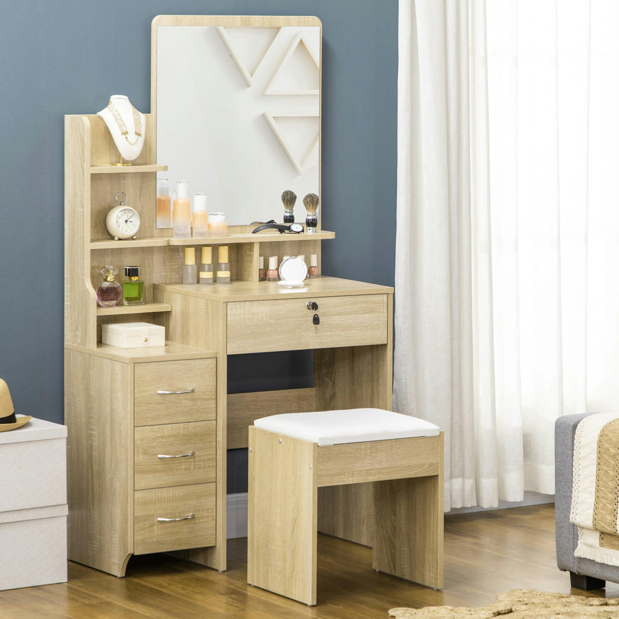 - Ensemble coiffeuse tabouret 4 tiroirs 4 étagères miroir bois clair