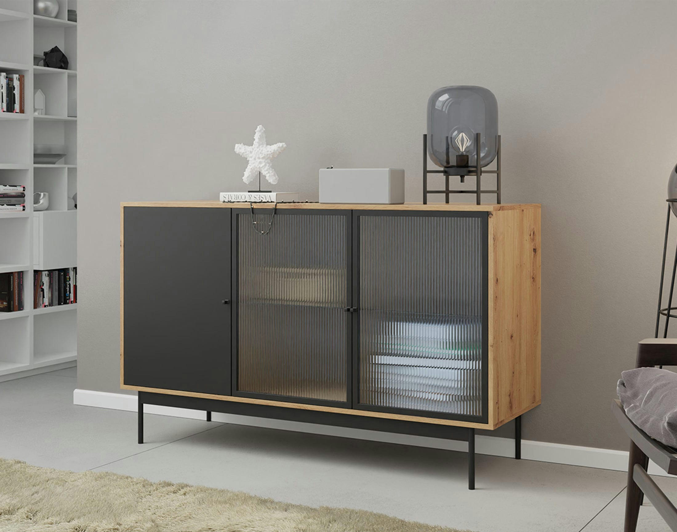 LAMIA - Buffet bas industriel 148 cm noir / bois