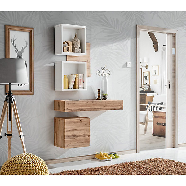 Meuble dentrée TORTH 3Ensemble completColoris chene et blancDesign moderne et fonctionnel