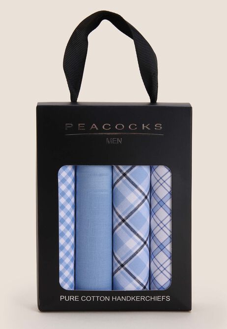 Mens 4pk Blue Check Cotton Handkerchiefs