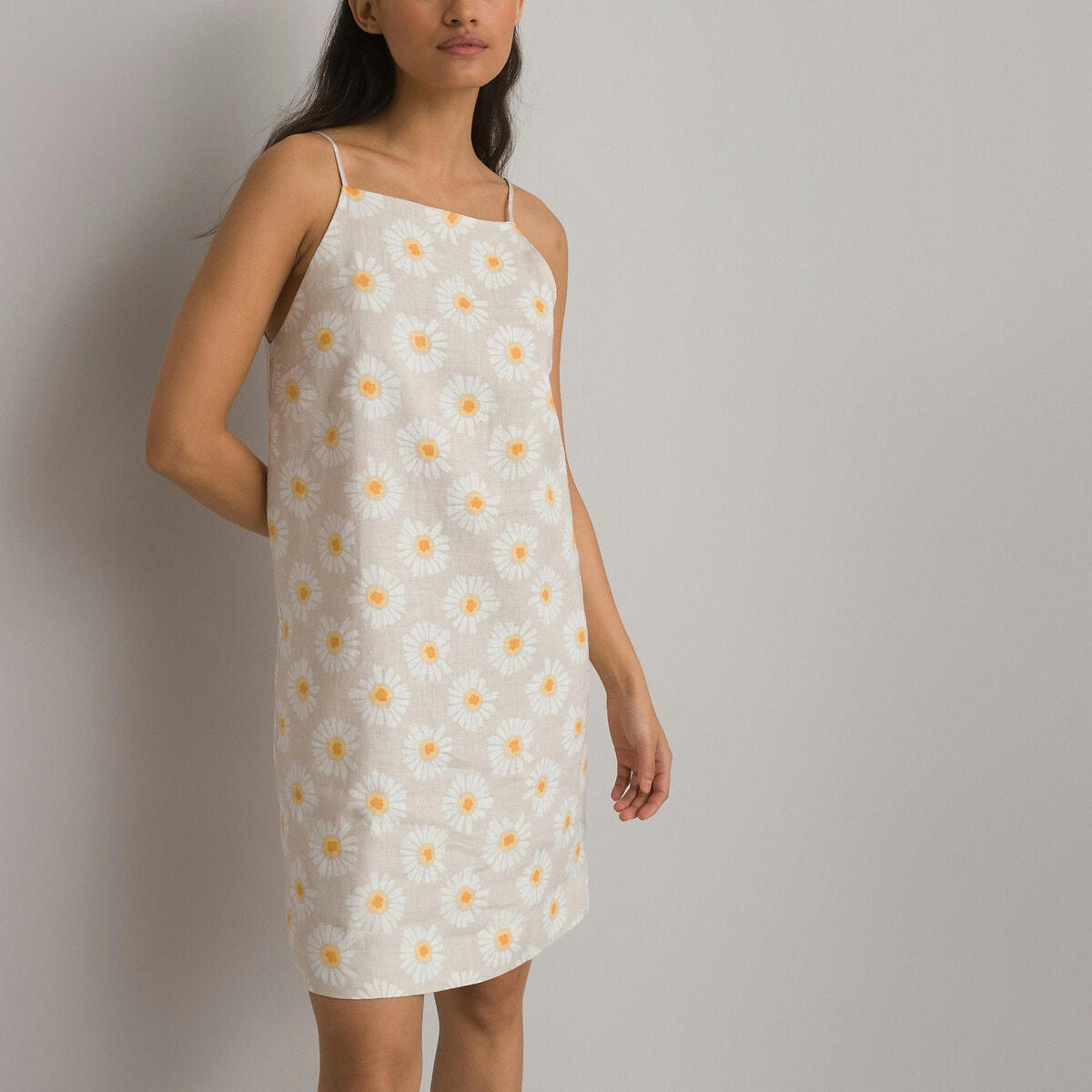 Robe courte, fines bretelles en lin imprimé floral