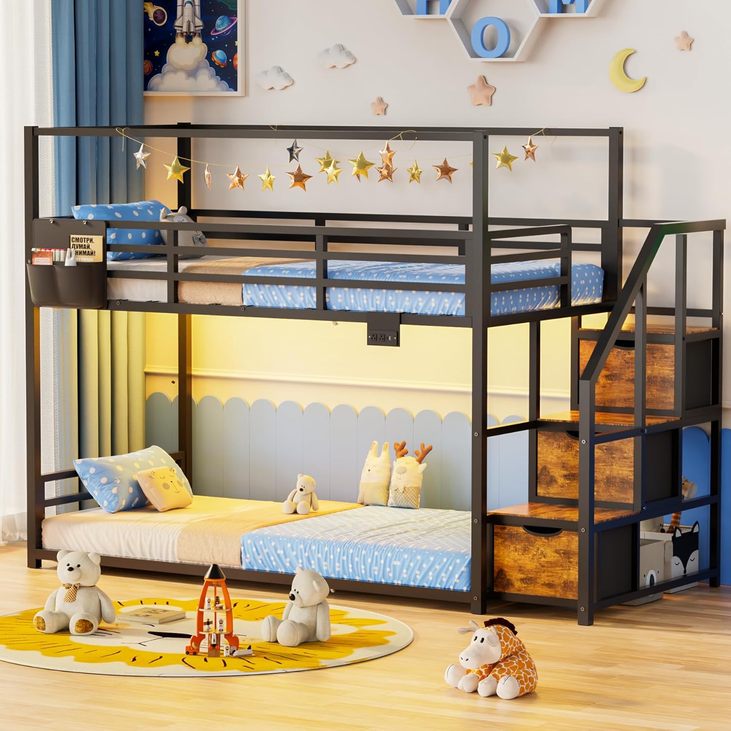 Low Bunk Bed Twin Over Twin with Storage Staircase, RGB LED Lights, Drawers & Shelves, Metal Bunk Beds for Kids with Power Outlet, Double Full-Length Guardrails & Metal Slats for Small Space, Black