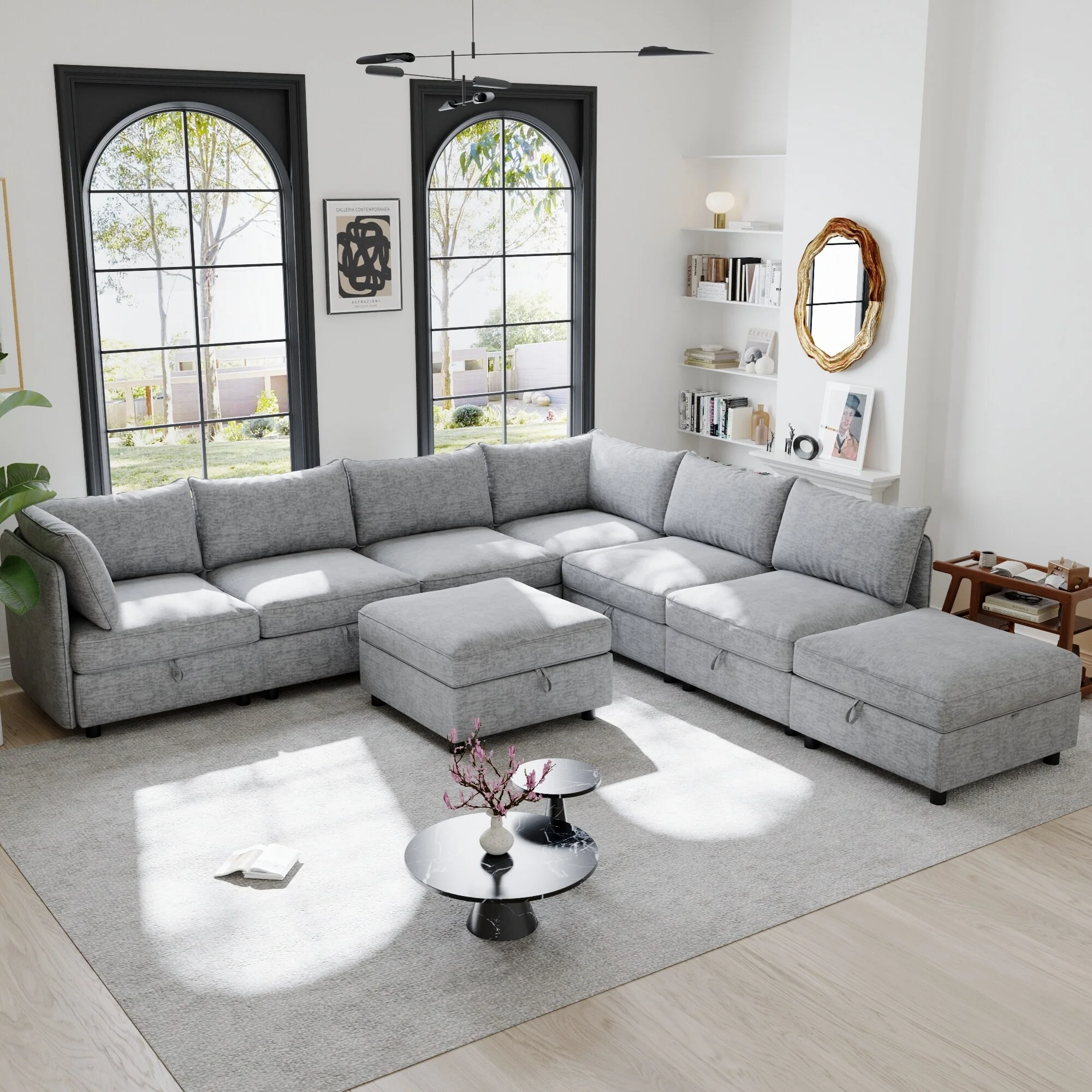 Oversized Modular Sectional Sofa Bed Convertible Sleeper Sofa Set 8-seat Daybed with 2 Storage Ottomans and Chaise Lounge