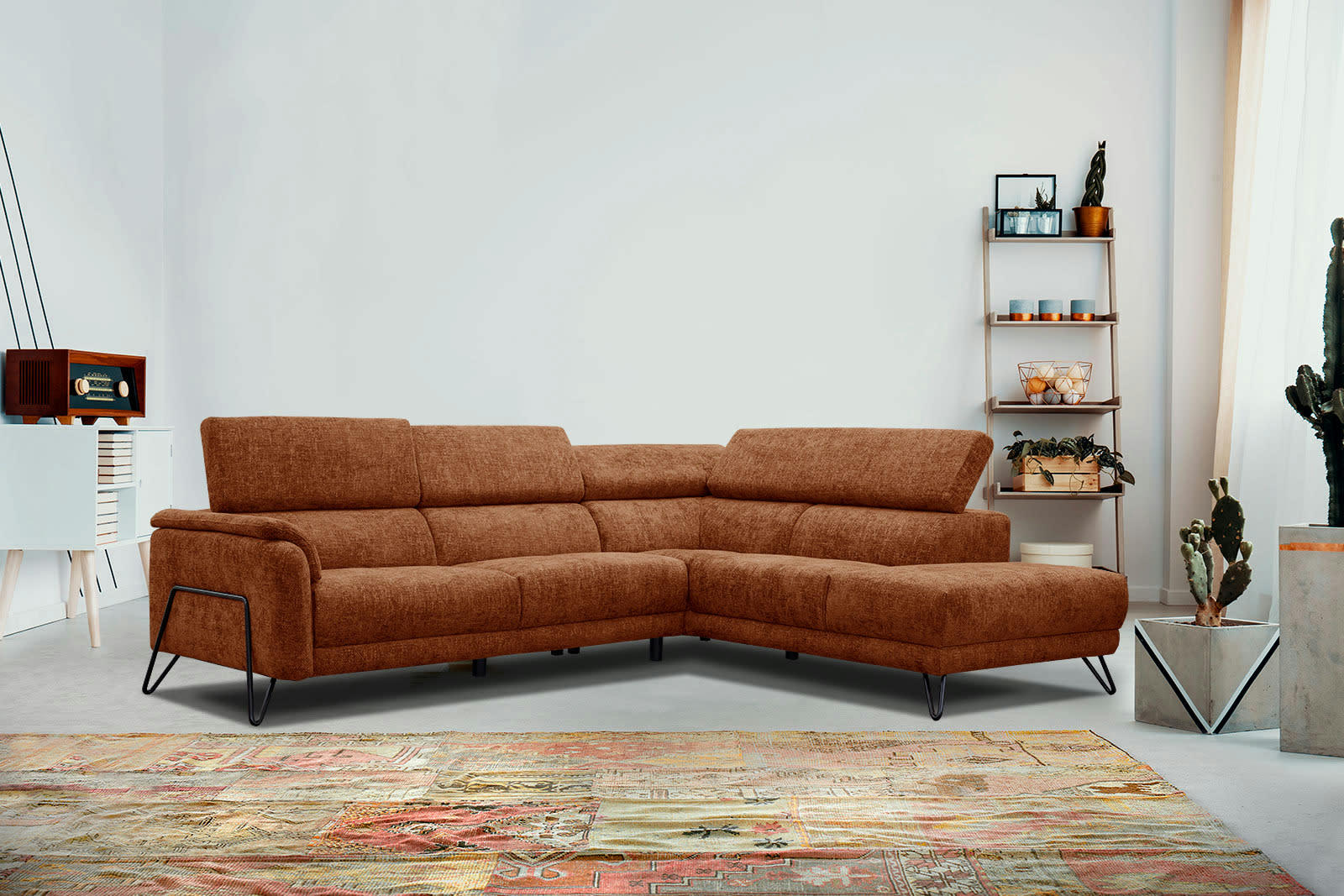 RODEN - Canapé d'angle droit 5 places tissu  rouge brique