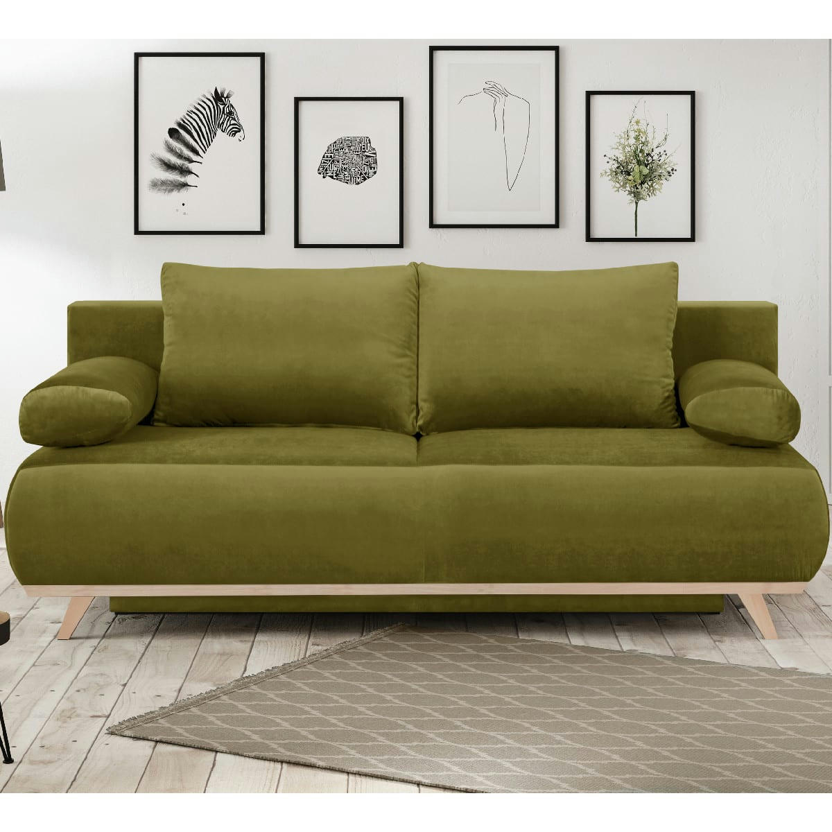 LARIA - Canapé convertible 3 places avec coffre de rangement vert olive