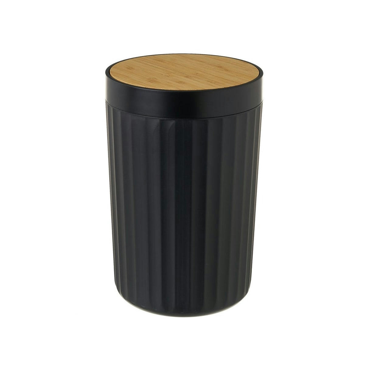 BAMBOU - Poubelle de salle de bain en plastique noir et bambou 5L