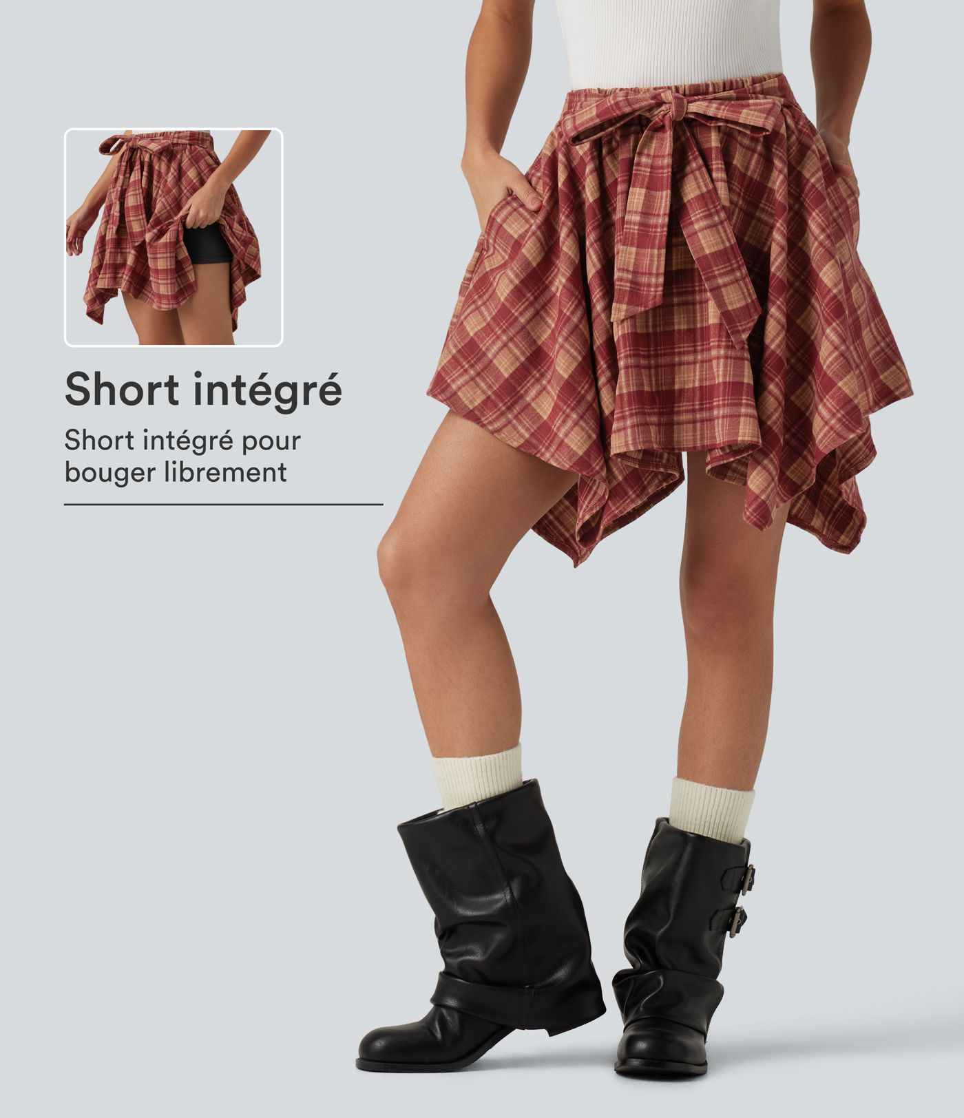 Jupe-short mini taille haute à nouer devant, motif tartan et poches