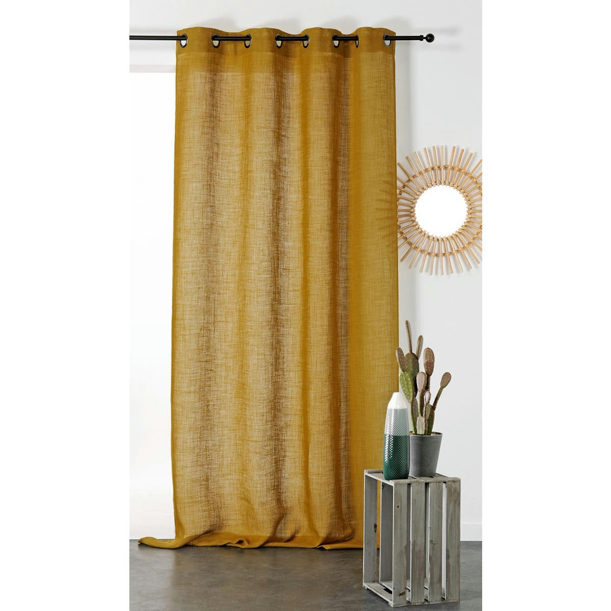 - Rideau tamisant et naturel en 100% lin jaune moutarde 145x260 cm