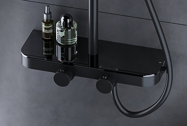 Colonne de douche thermostatique hauteur réglable design   tablette acier inox   mitigeur et pommeau Carrés - Noir mat - BS371