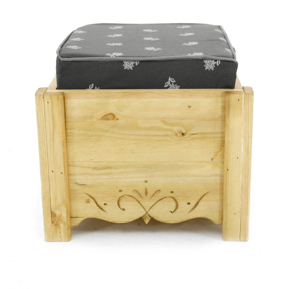 DAHU - Pouf coffre de rangement pin massif sculpté Edelweiss gris Aspin