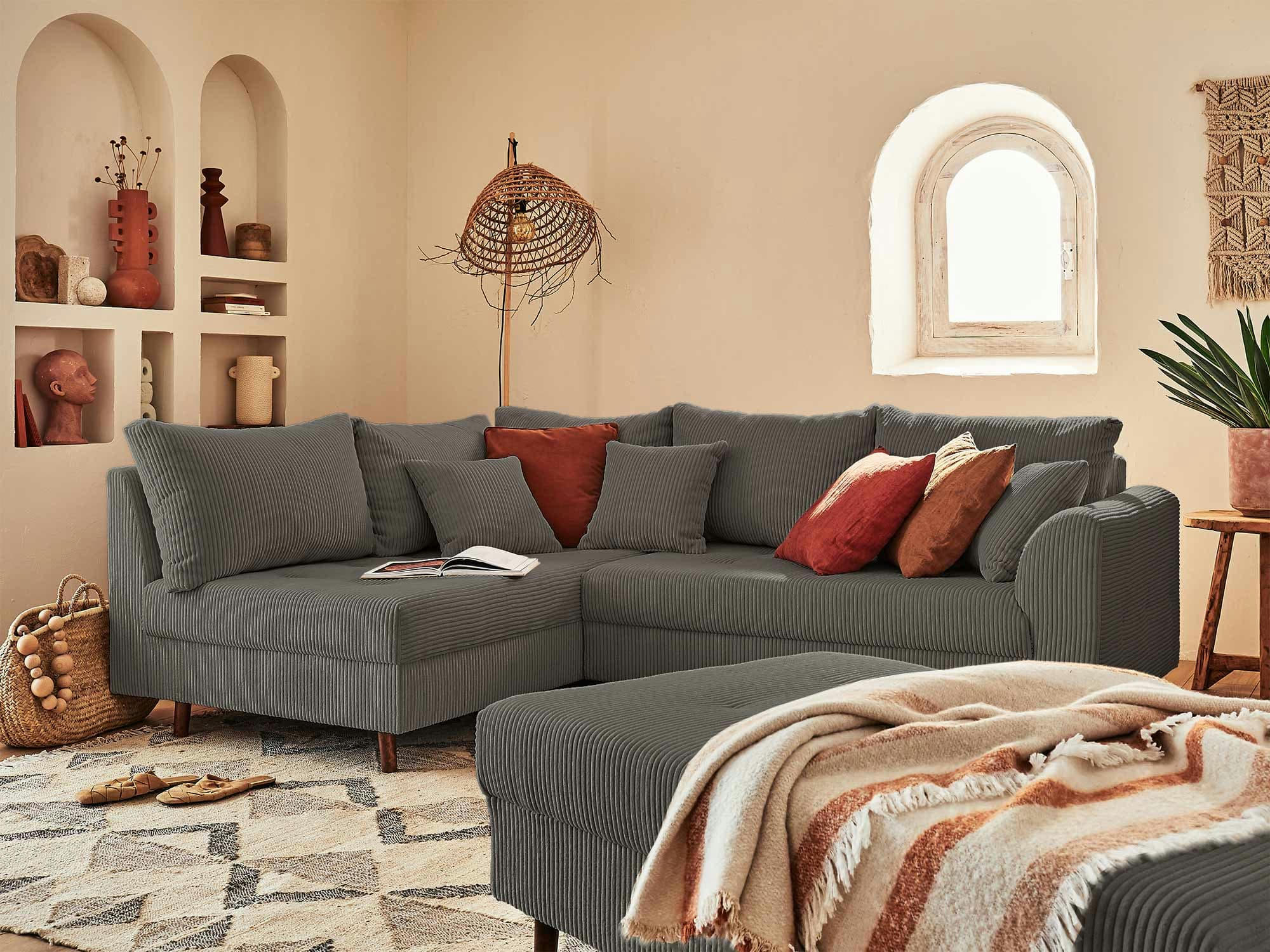 RUNE - Canapé d'angle gauche convertible 4 places en velours côtelé gris