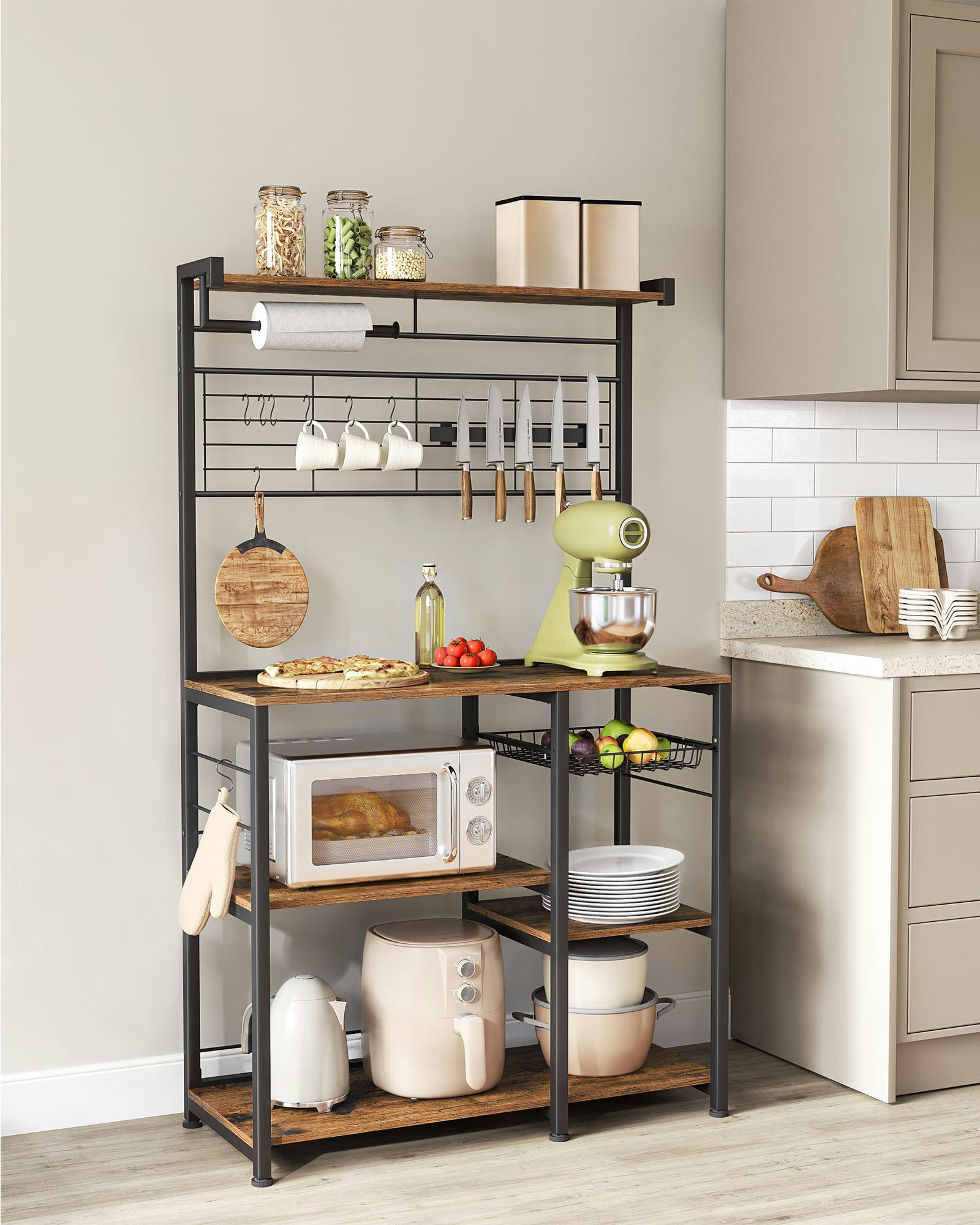 - Étagère de cuisine 12 crochets effet bois marron rustique et noir