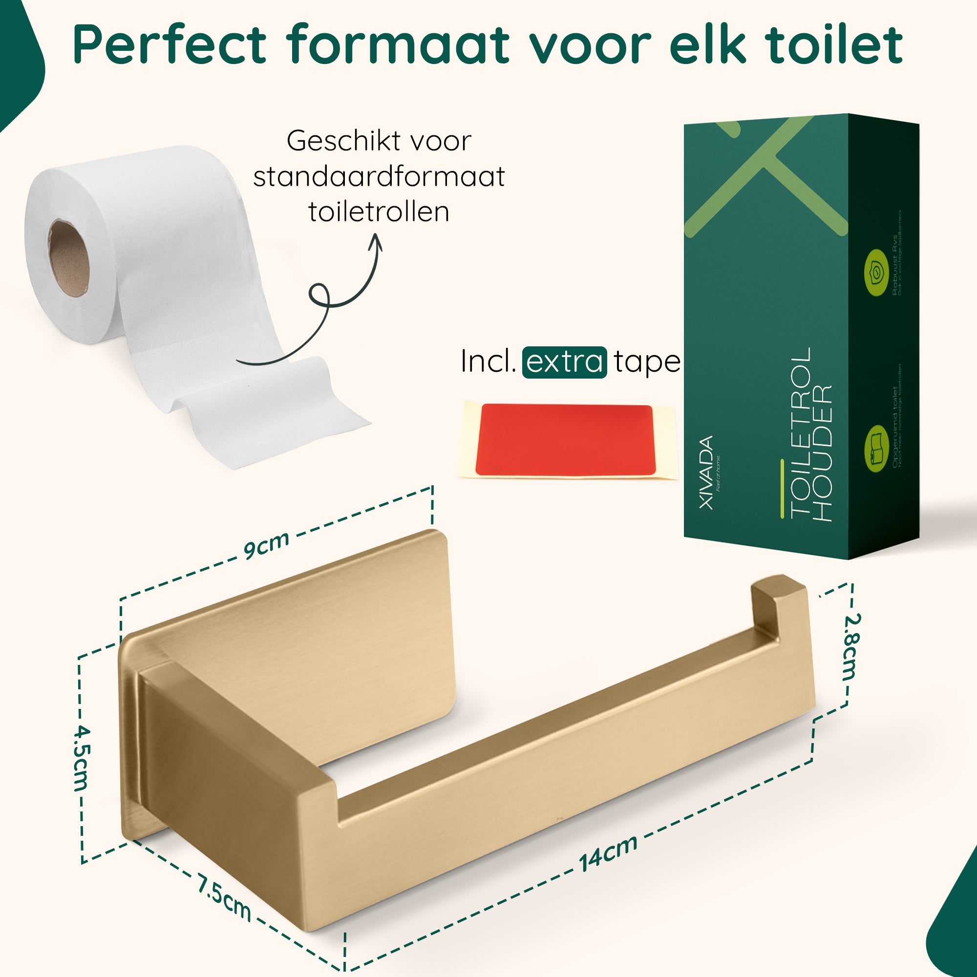 XIVADA WC rolhouder Luca - Zonder Boren - Rvs - Zelfklevend - Goud