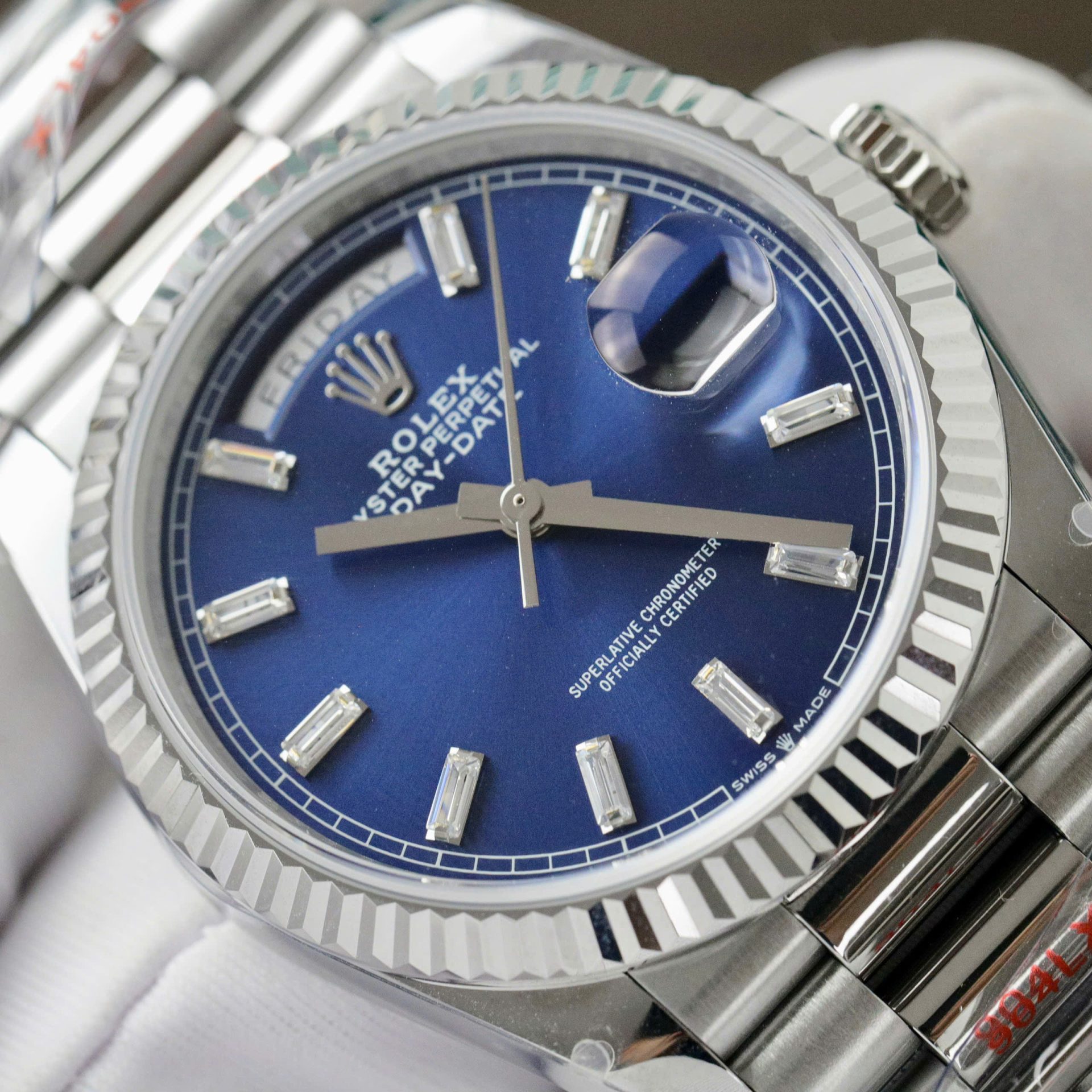 Rolex Day-Date 128236 904L Steel Blue Dial CZ Diamonds 36mm Super Clone