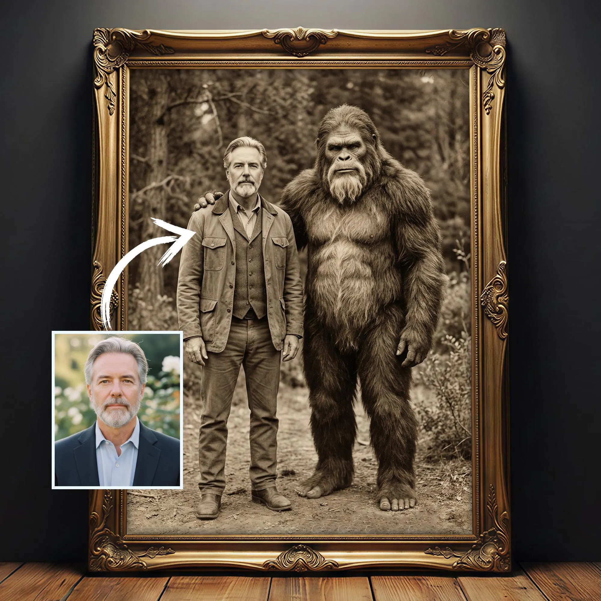 Sasquatch Wall Art, Custom Bigfoot Portrait, Personalized 19th Century Bigfoot Decor, Vintage Photograph Cryptid Poster, Bigfoot Lover Gift