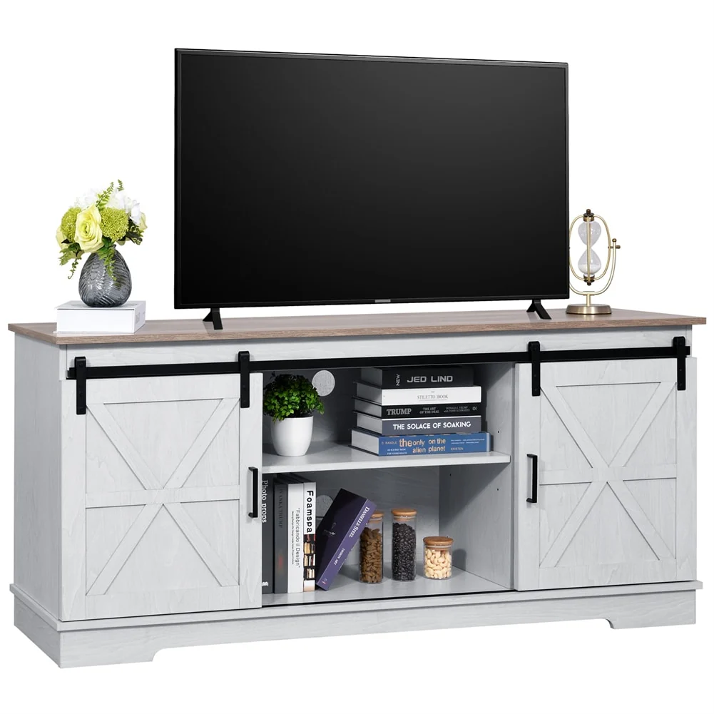 Evelynn TV Stand Sliding Barn Door Farmhouse Wood Entertainment Center for TVs Up to 65 White
