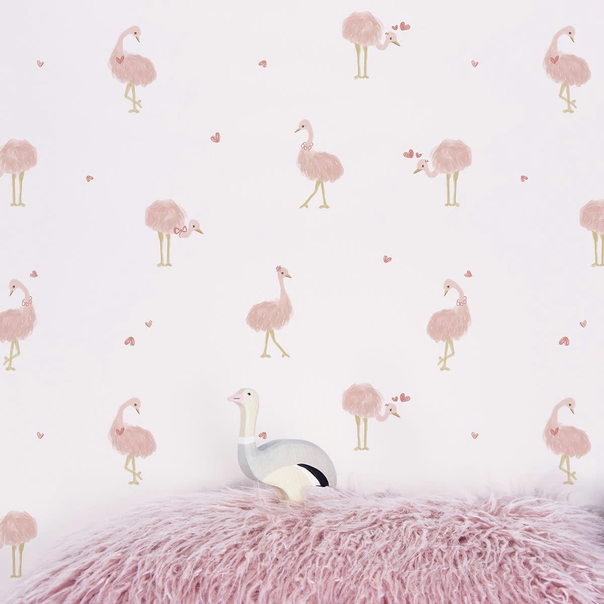 COQUETTE - Papier peint coeurs et autruches en Papier Rose 50cm x 10m