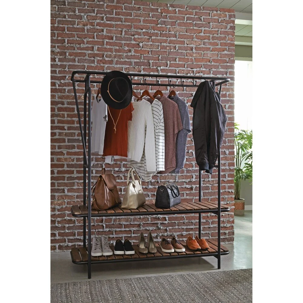 Tobacco and Black Clothes and Shoe Rack with 8 Coat Hooks