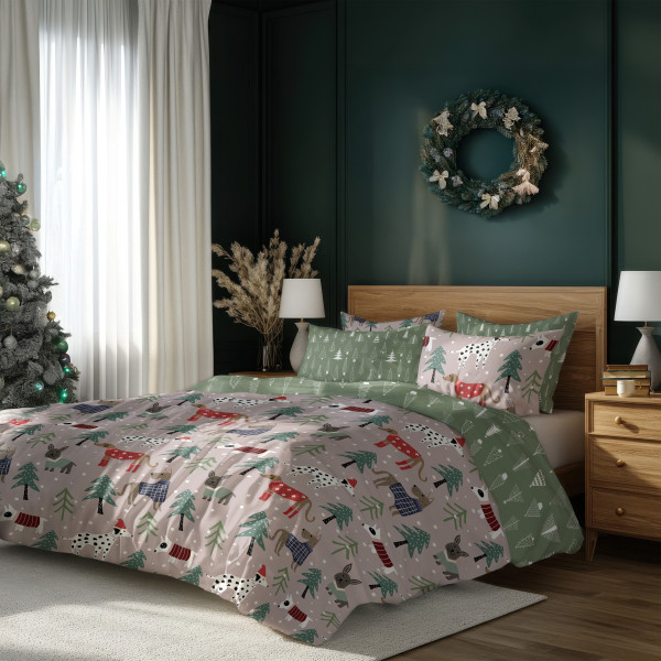 Komplet pościeli świątecznej 140x200 HOLLY JOLLY zimowe pieski