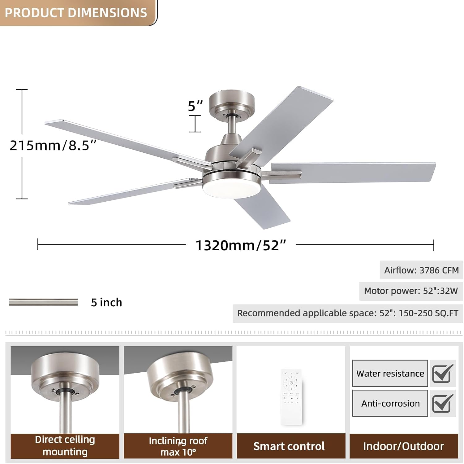 Ceiling Fans with Lights, 52 inch Brushed Nickel Ceiling Fans with Lights and Remote Control, Reversible, 3CCT, Dimmable, Noiseless, Downrod, Modern Ceiling Fan for Bedroom, Indoor/Outdoor Use