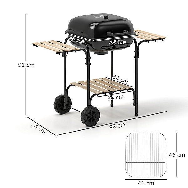 Barbecue charbon de bois avec couvercle 2 roues 3 étagères grilles acier chromée