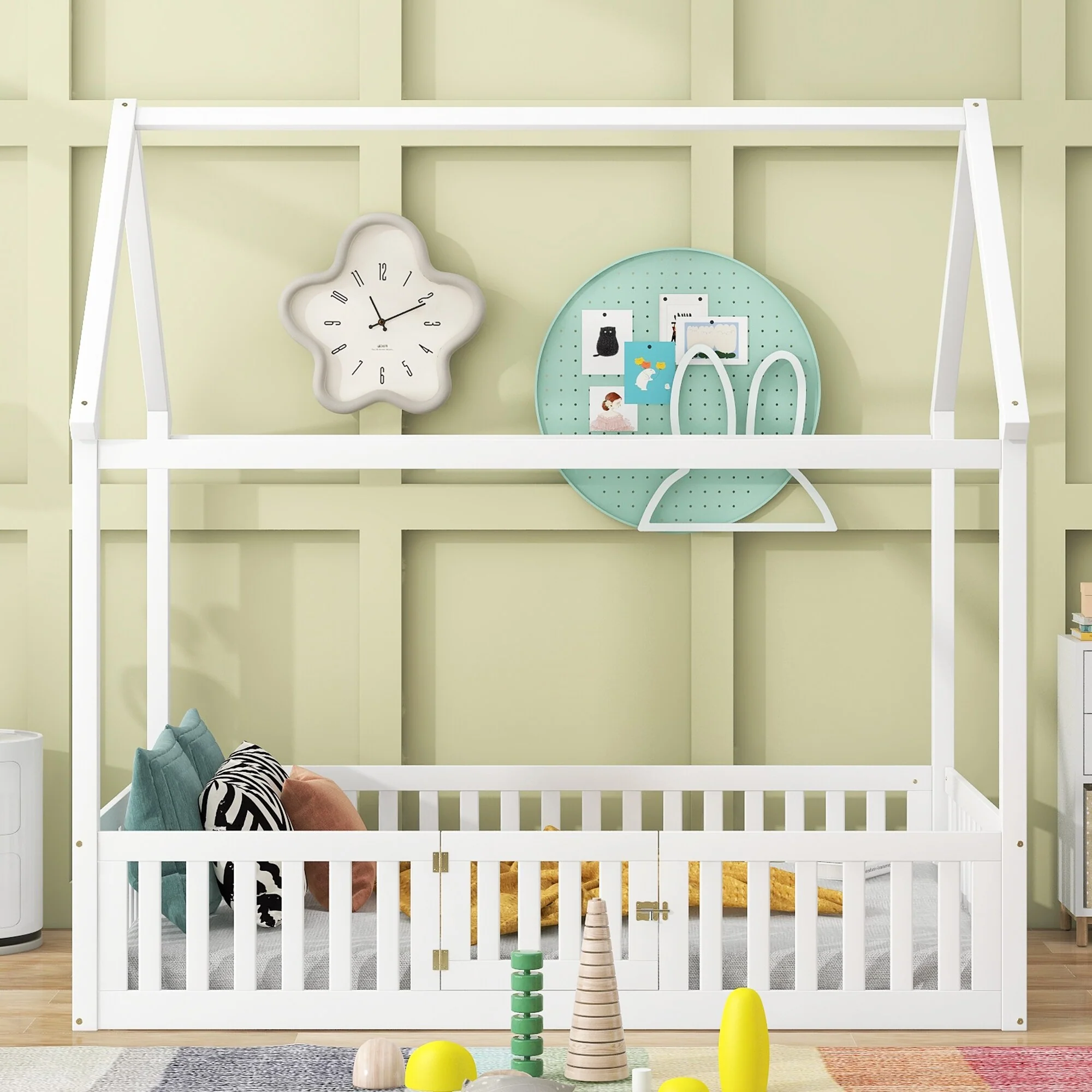 Full Size Kids House Bed Frame with Roof, Openable Door & Guardrail, Distressed White Wooden Playhouse Style Platform Bed