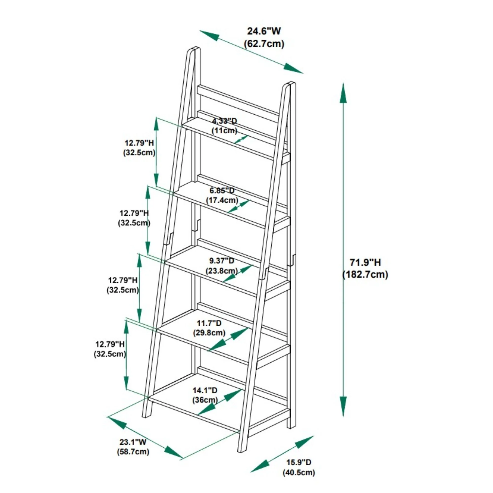 Mid-Century 5 Tier Shelf Bookcase - 72 - Brown