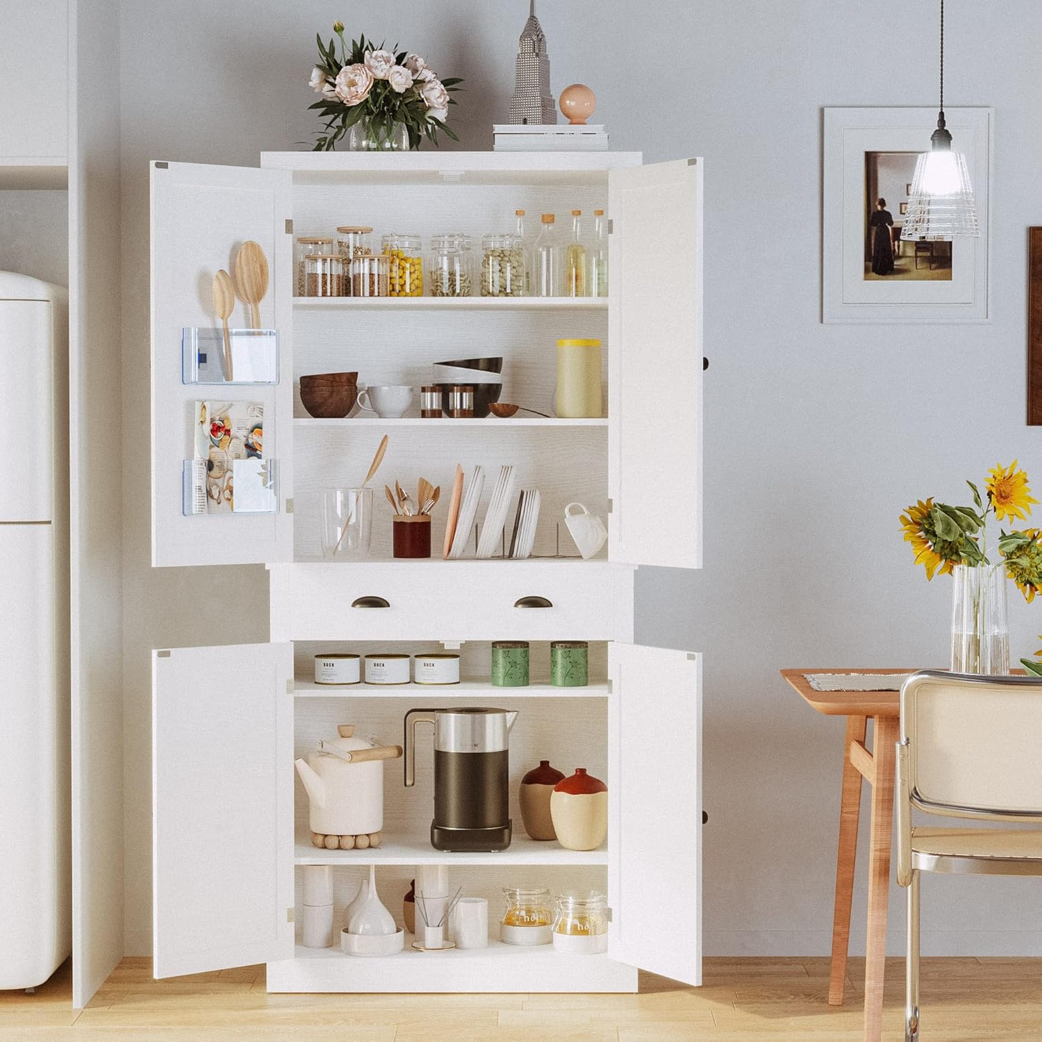 IRONCK Kitchen Pantry Storage Cabinet 72.6 H, with Barn Doors, Drawer, 4 Adjustable Shelves, Freestanding Cupboard, Laundry, White