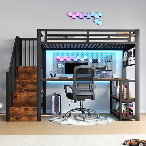 Lit mezzanine 90x200 cm avec LED - avec penderie et bureau - 2 ports USB   1 port Type-C - noir (matelas non inclus)