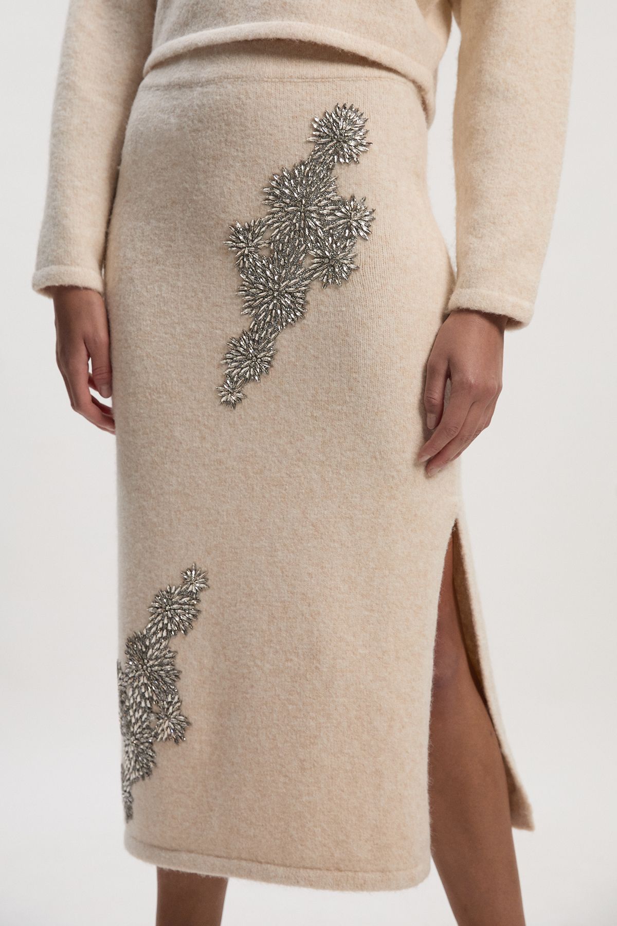 KarenMillen Wool Blend Embellished Cosy Pencil Midi Skirt