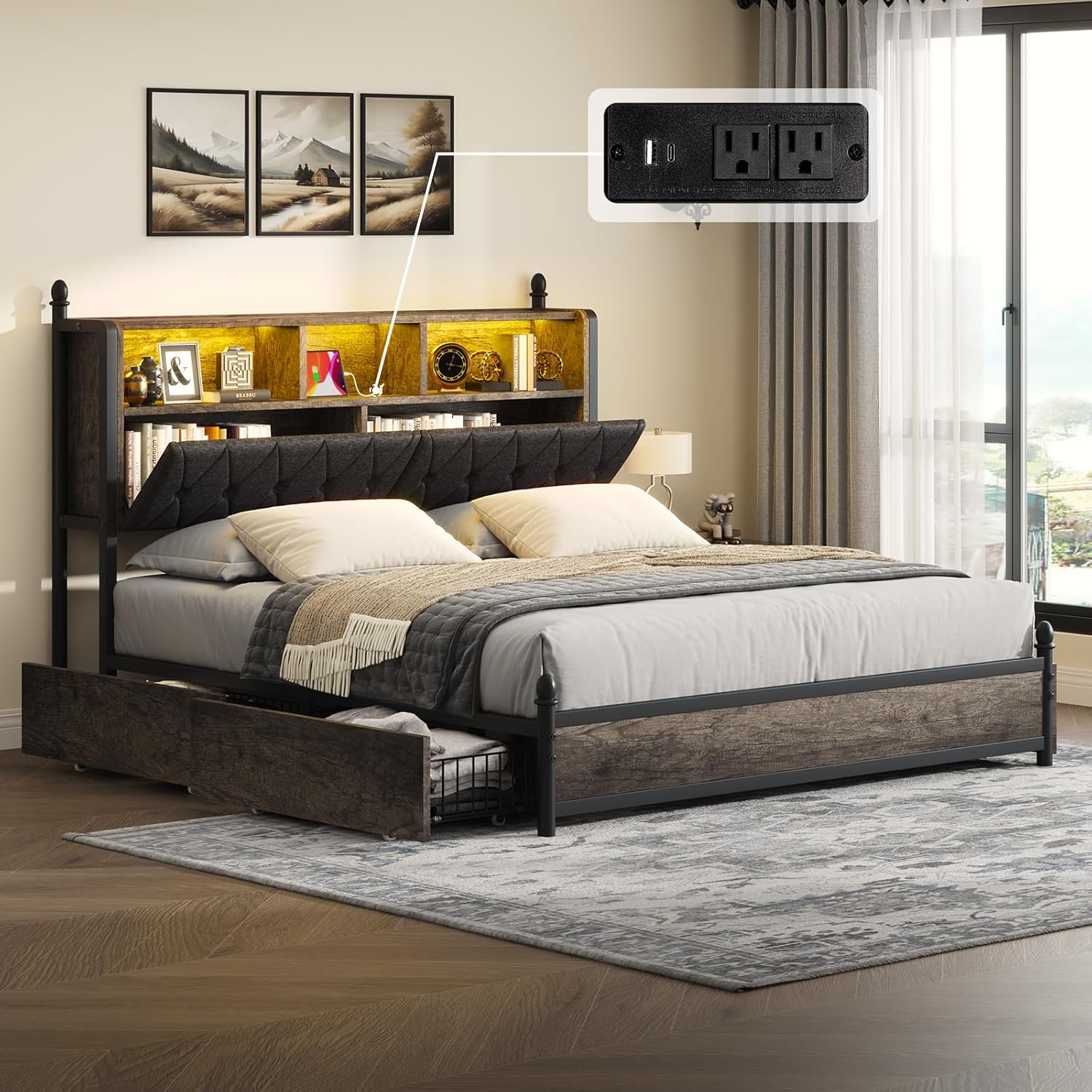 King Bed Frame with 3-Tier Storage Headboard, LED & Charging Station Metal Platform Bed with 4 Storage Drawers, Hidden Areas, Noise-Free/No Box Spring Needed/Metal Support,Rustic Grey