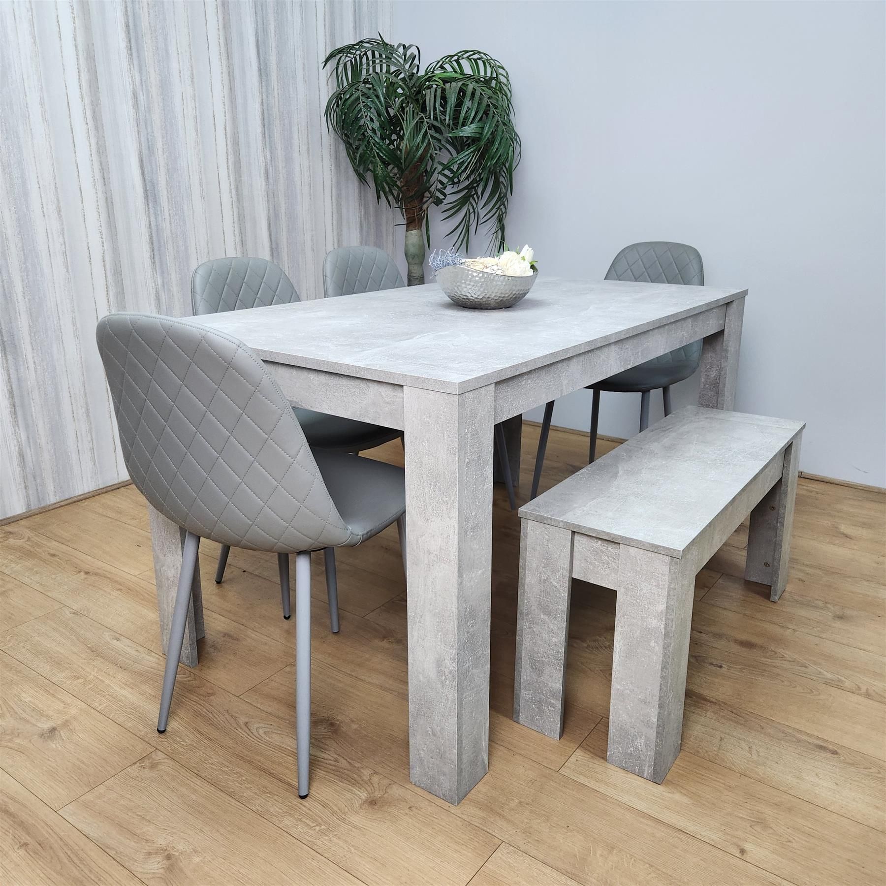 KOSY KOALA Wooden Grey Dining Table Set with Bench and 4 Grey Chairs Modern Rectangle Dining Room Furniture