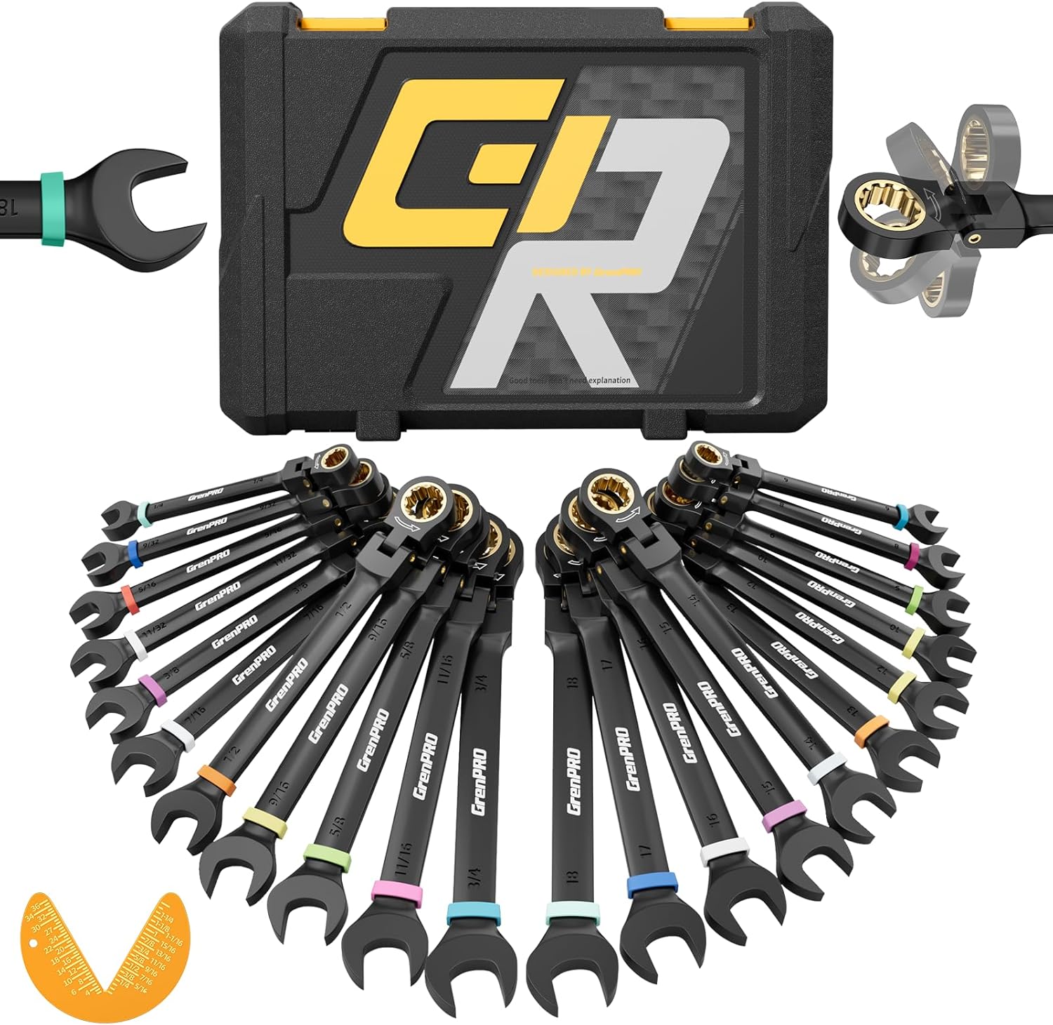 GRENPRO Ratchet Wrenches Set, 23PCS Flex Head Ratcheting Wrench Set Metric and Standard & SAE with Color Ring, 6-18mm & 1/4-3/4, Mechanics Tool Box Organizer, Large Open End Combination Wrench Sets
