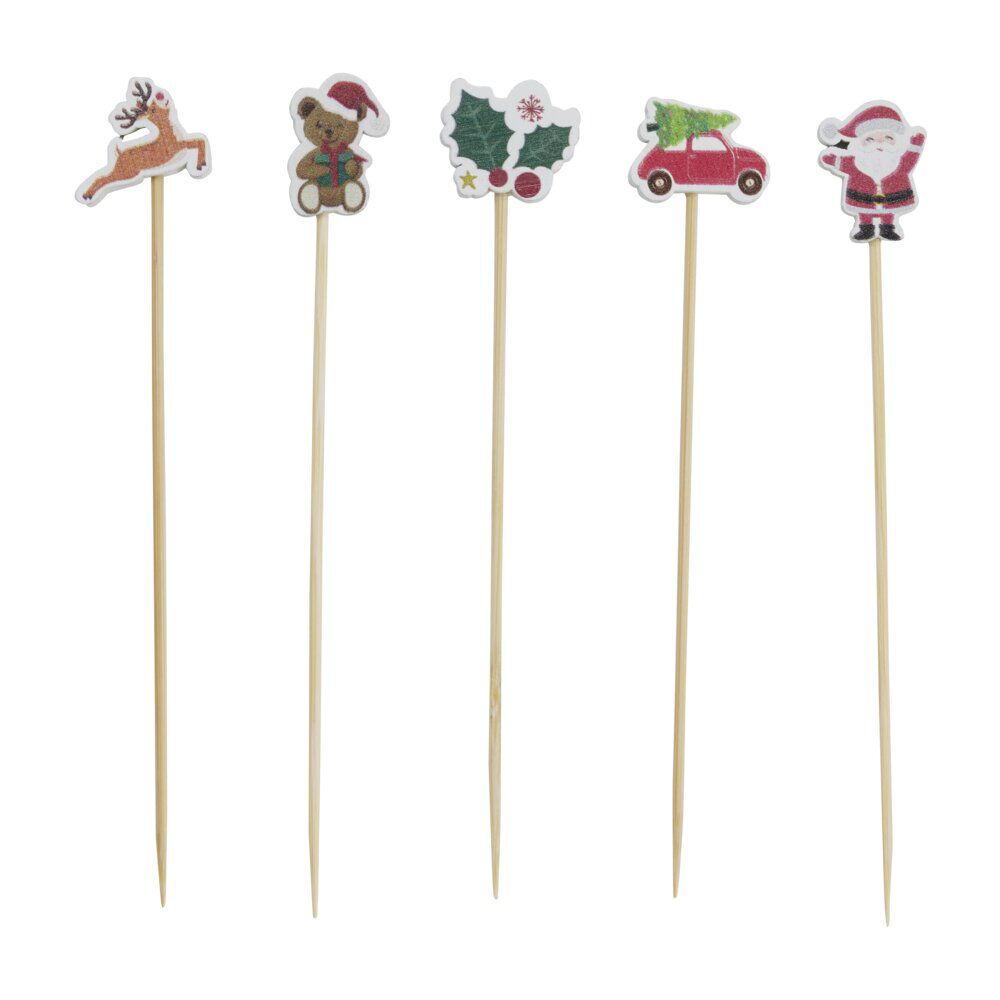 Pic à cocktail en bois décor No&euml;l L13cm 20 pièces