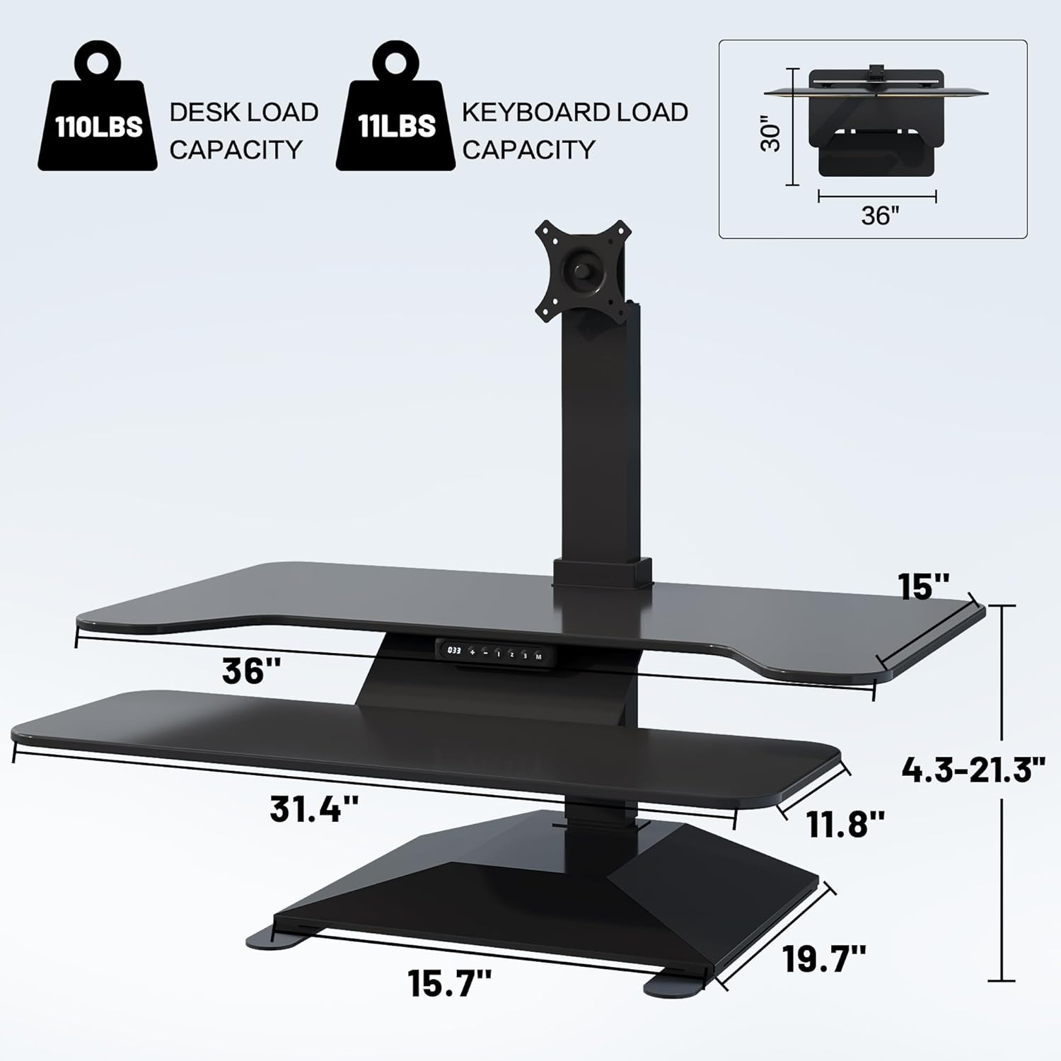 Electric Standing Desk Converter 36 Wide, Height Adjustable Desk Riser, Computer Workstation, Sit-Stand Convertor for Home, Office, School (Black, 1 Arm Included)