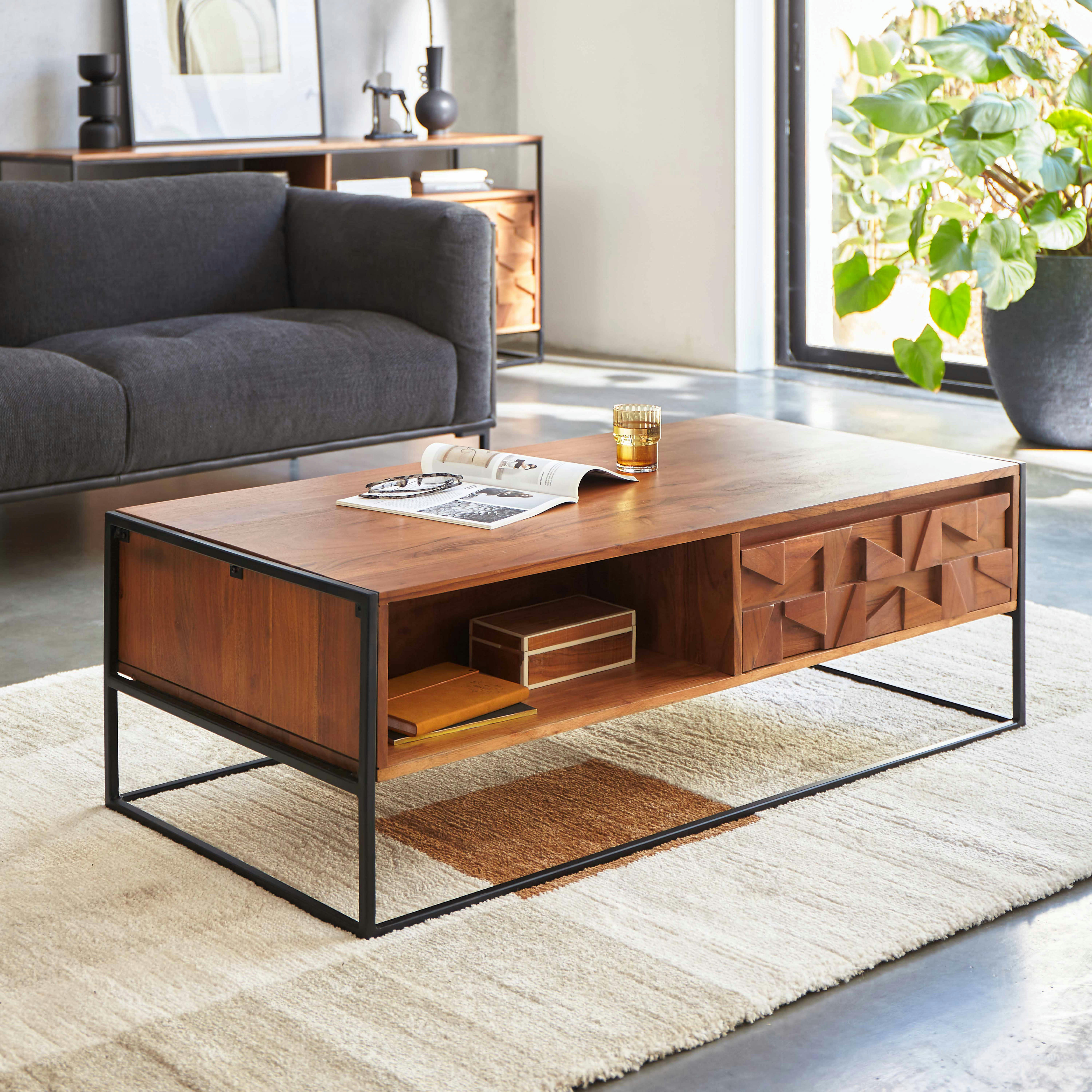 LETELS - Table basse avec tiroir en acacia massif 120 x 60 x 40 cm