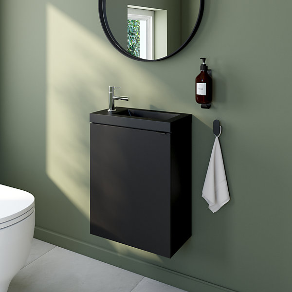 Meuble lave-mains suspendu noir mat l.44 cm Imandra   plan vasque noir résine Beni, GoodHome