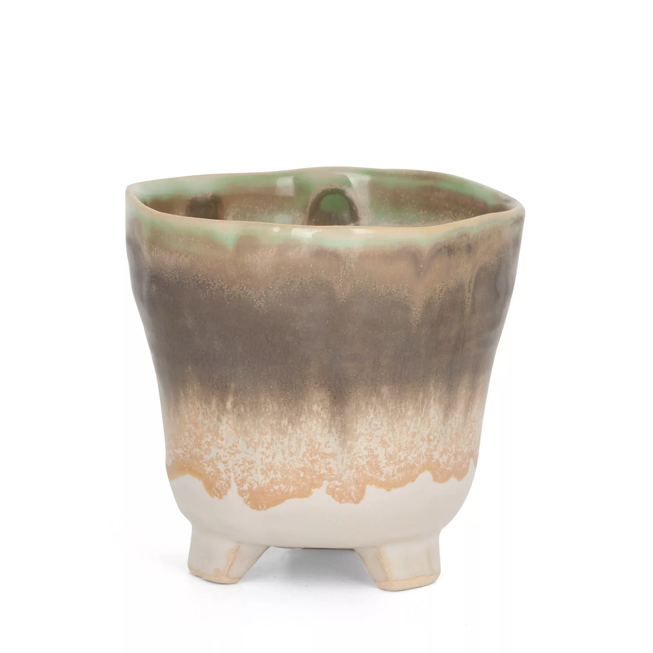 Osłonka ceramiczna na donicękremowo-beżowa w stylu boho z cieniowaniem średnica 11x10 cm KATIA