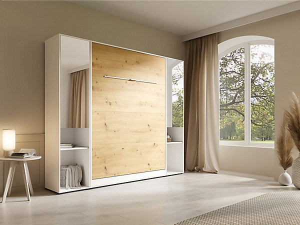 Lit escamotable vertical 140 x 200 cm - 2 colonnes de rangement - Avec miroirs et LEDs - Blanc et naturel - RAPILI
