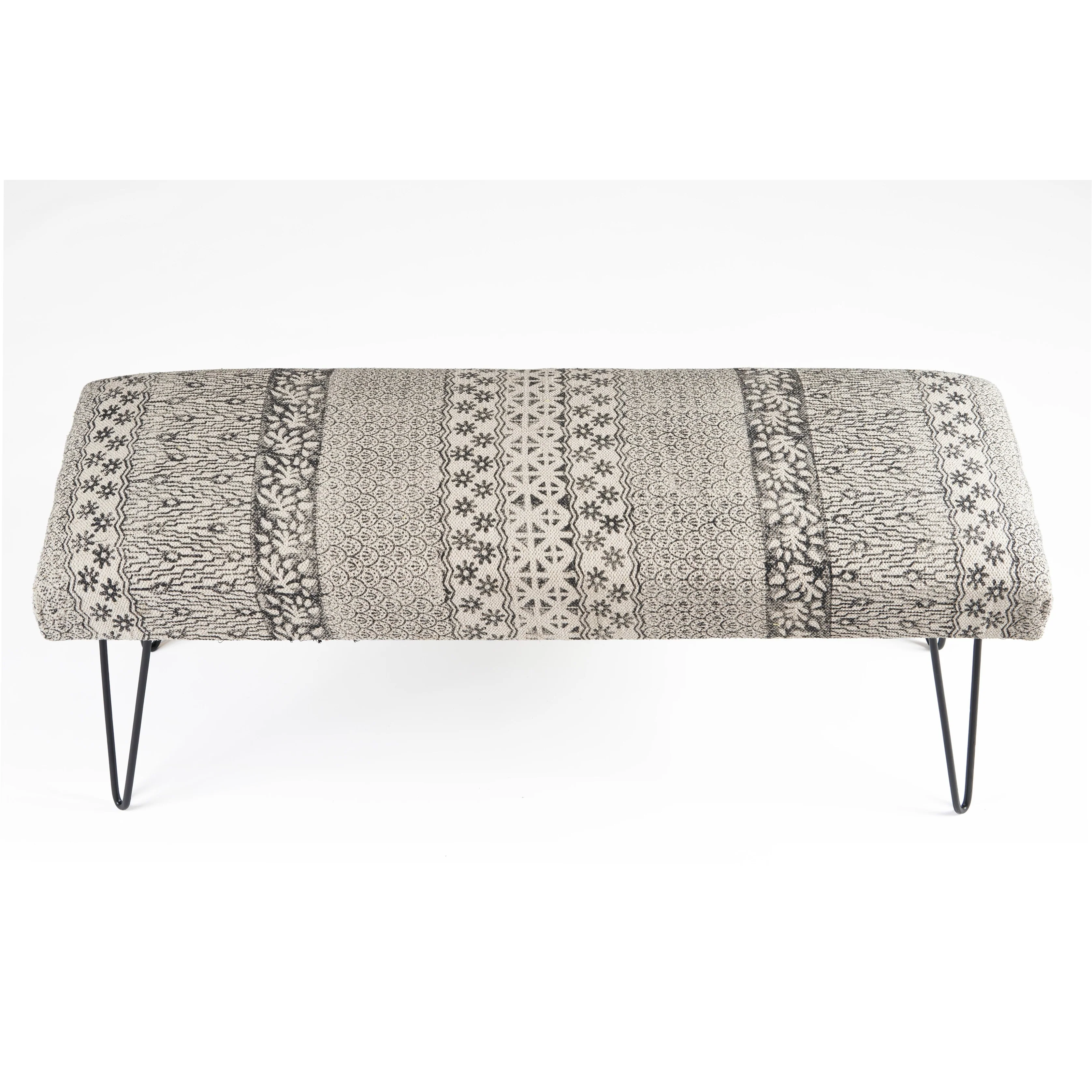 HomeRoots 47 Charcoal Gray and White Black Leg Abstract Floral Upholstered Bench - 47 x 18 x 16