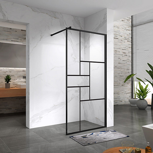 Paroi douche Italienne INEA noir 80 x 200 cm verre sérigraphié 8mm, atelier, transparent - Saniverre