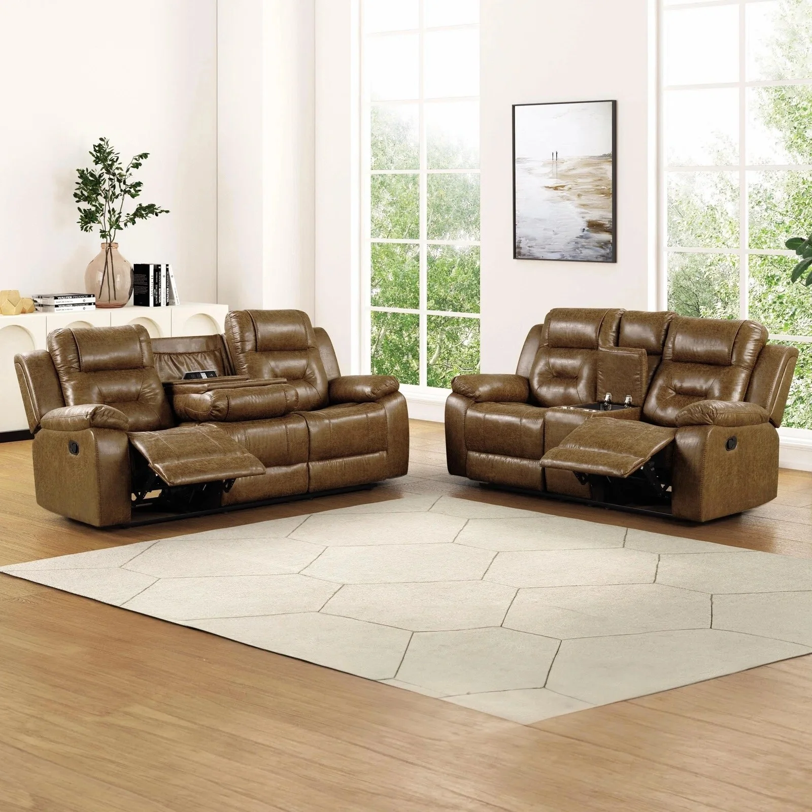 2 Piece Upholstered Manual Sofa Set with Cup Holders in Brown