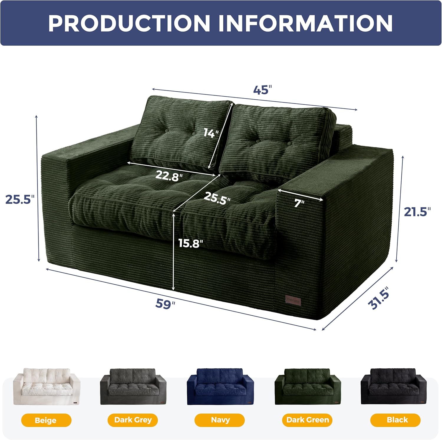 MAXYOYO Loveseat Sofa Couch for Living Room, Boneless Couch with Tufted Cushion & Backrest, Upholstered Floor Sofa for Adults, No Assembly Required, Dark Green