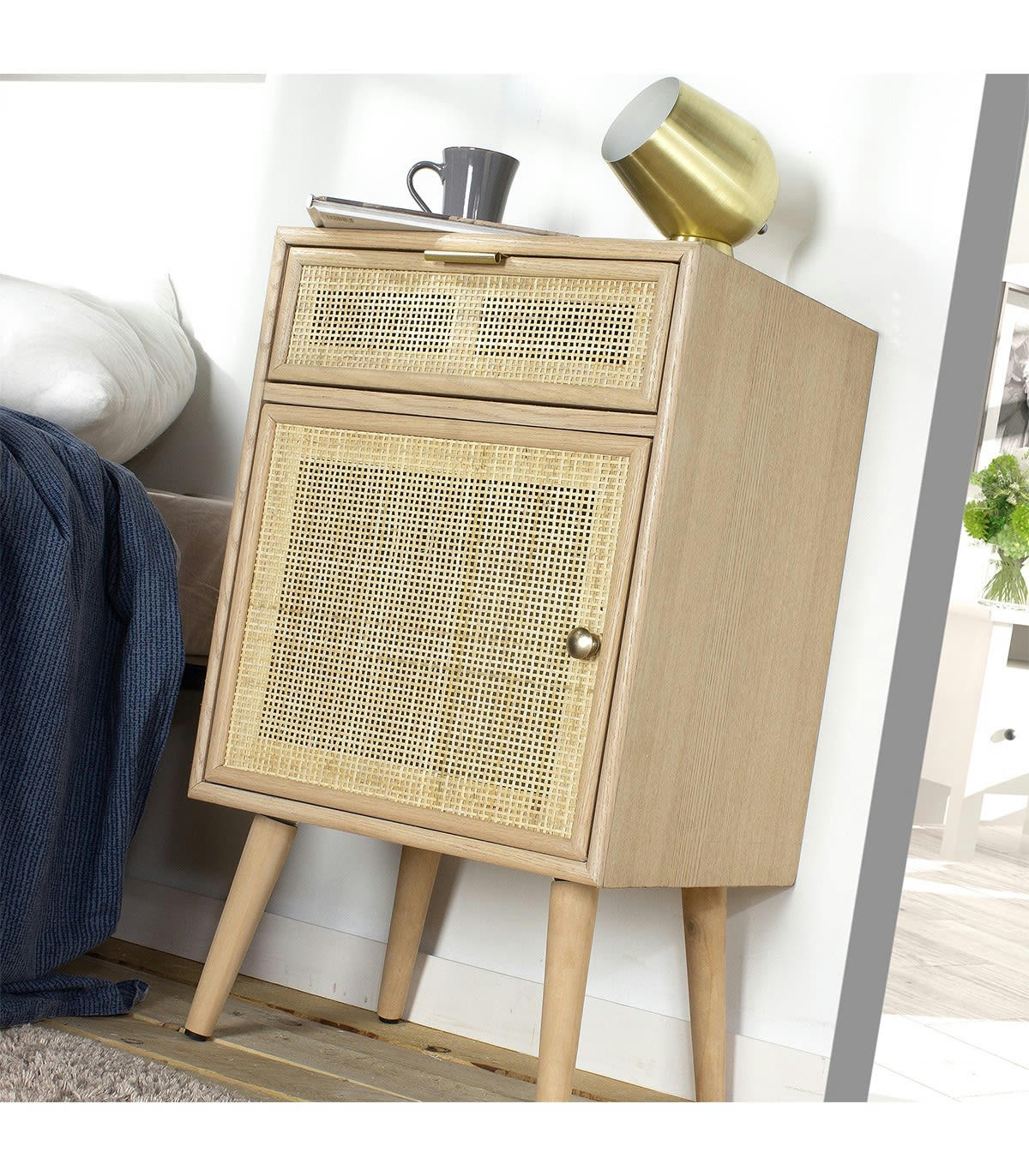 - Table de chevet avec cannage, plaquée frêne H71cm - Beige