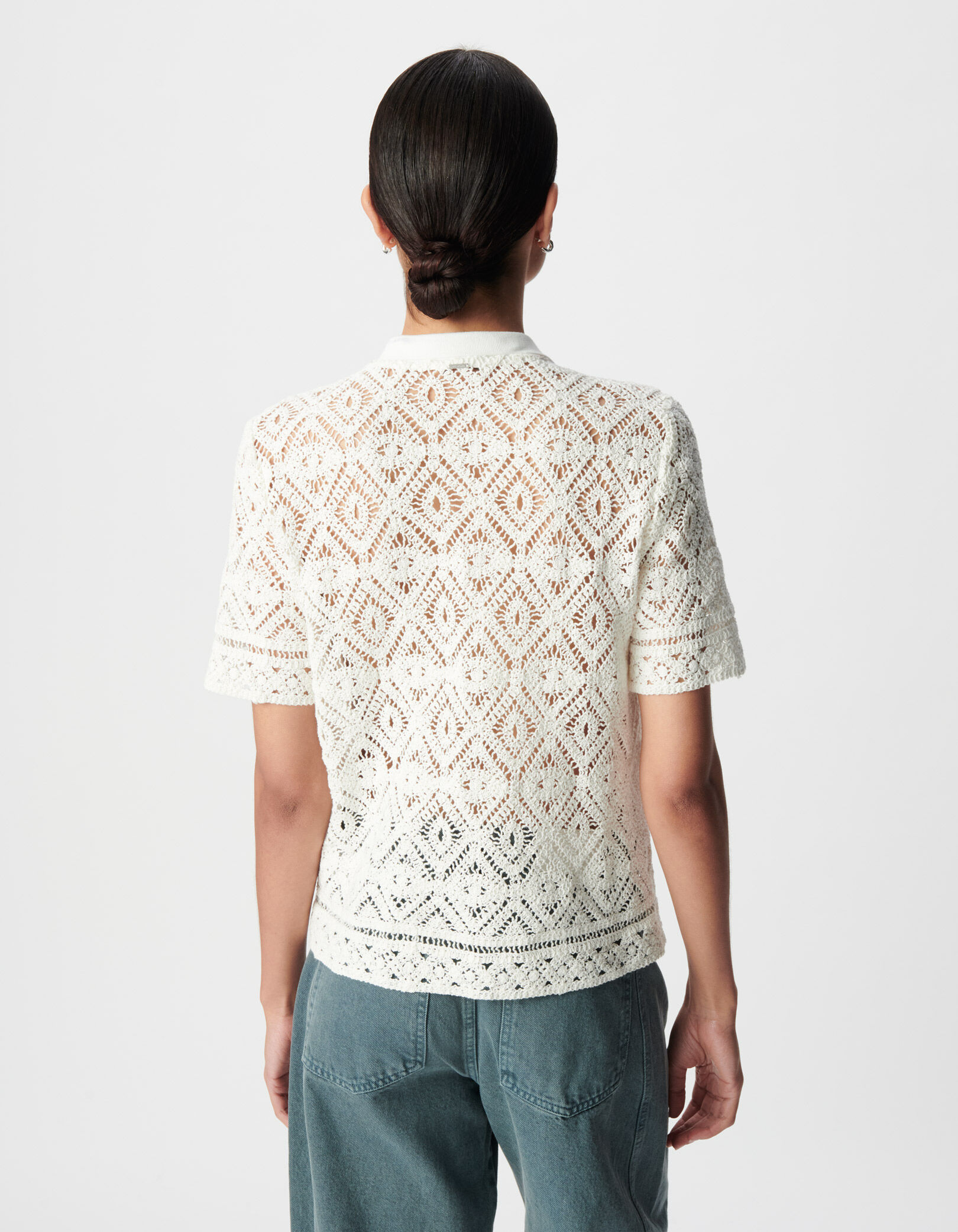 Top blanc tricot crochet col polo Femme