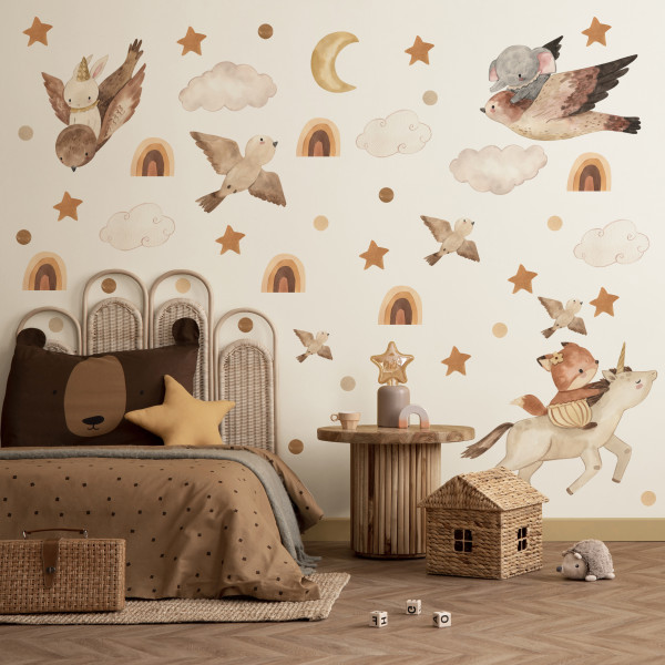 Naklejki Dla Dzieci PTAKI Chmurki Gwiazdki Tęcze Boho ZESTAW