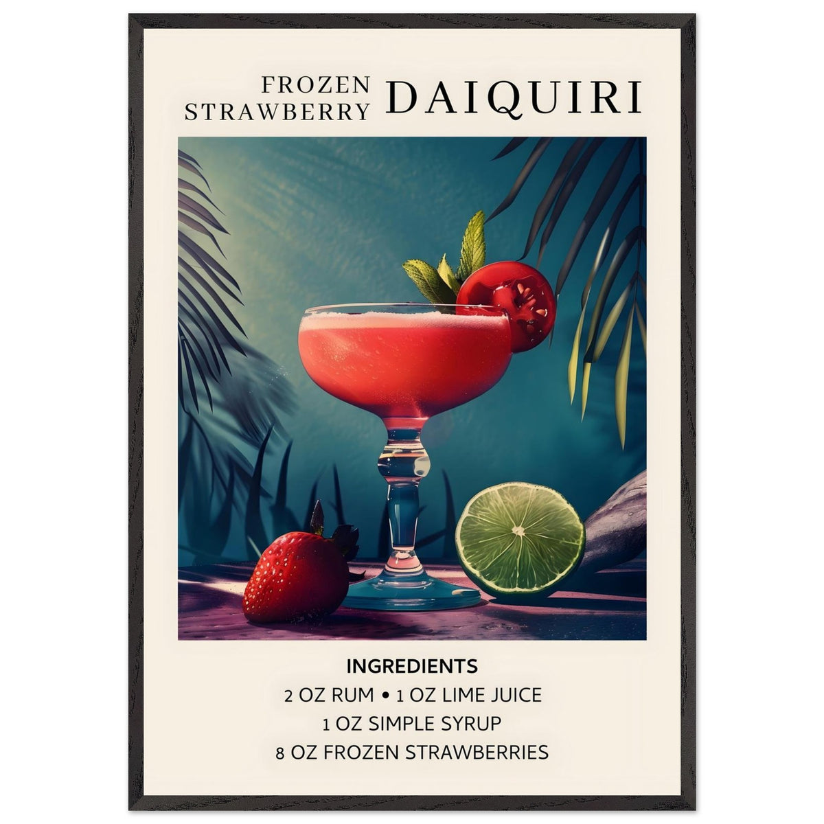 Artfulprints Poster met Lijst Frozen Strawberry Daiquiri cocktail - Ingrediënten  - 70x100 cm - Meerkleurig